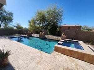 A pool with a hot tub and a tree in the background.