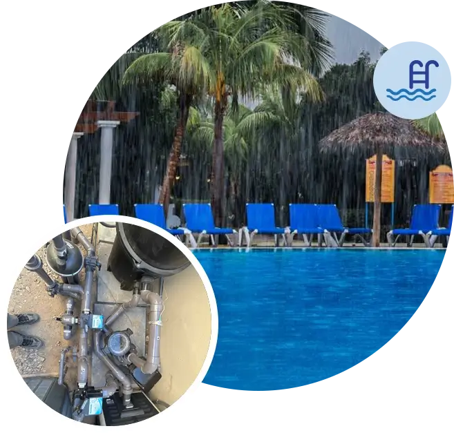 A picture of the pool and some chairs.