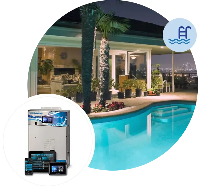 A pool with a water heater and two swimming pools.